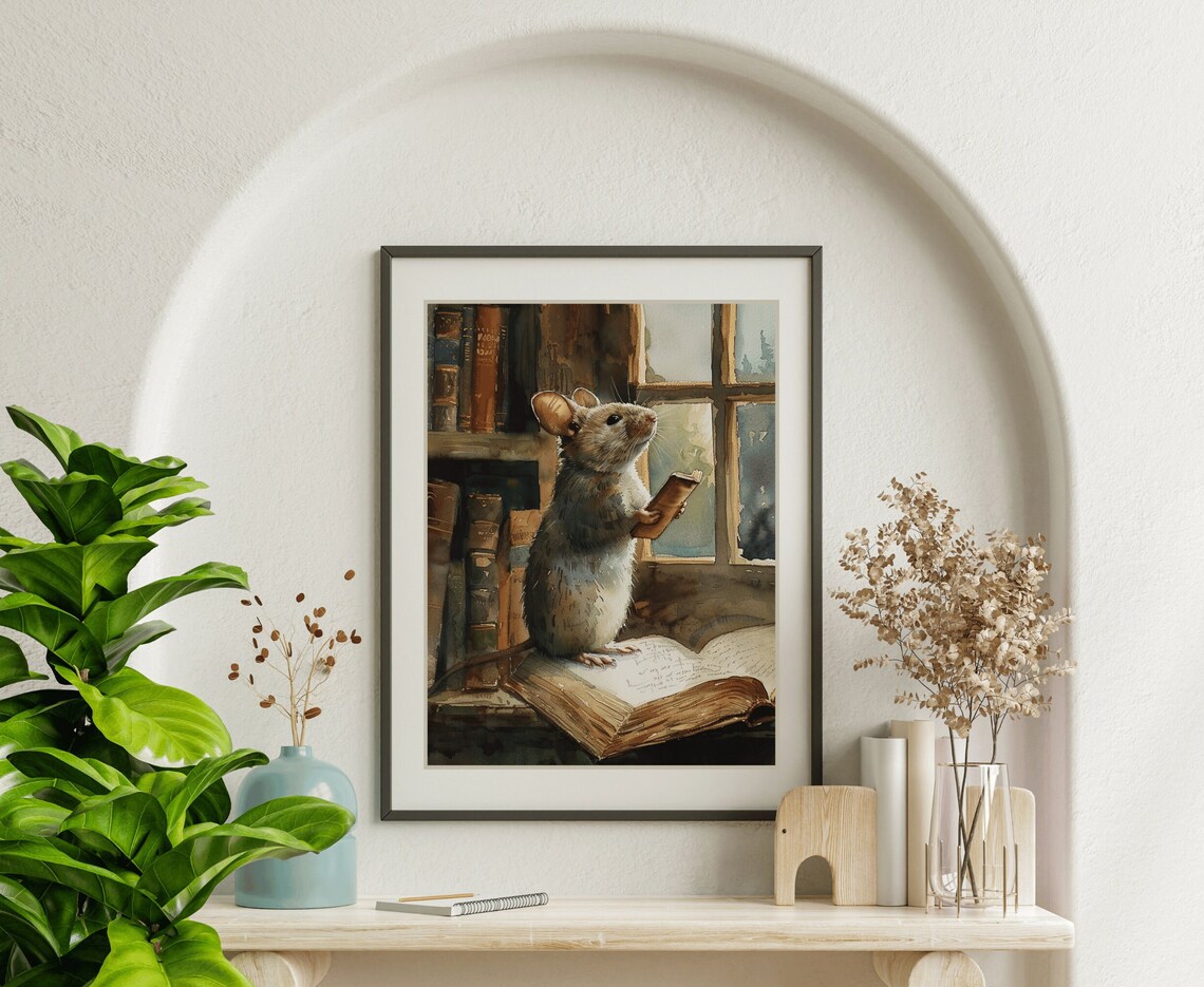Cute Mouse Reading Book Library Window Watercolor Animal Painting Poster - Image 6