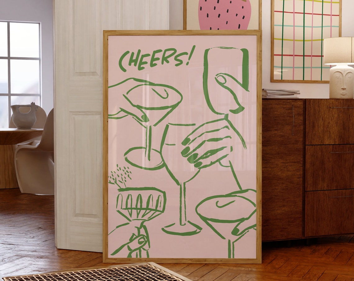 Cheers Hand Drawn Pink and Green Art Print
