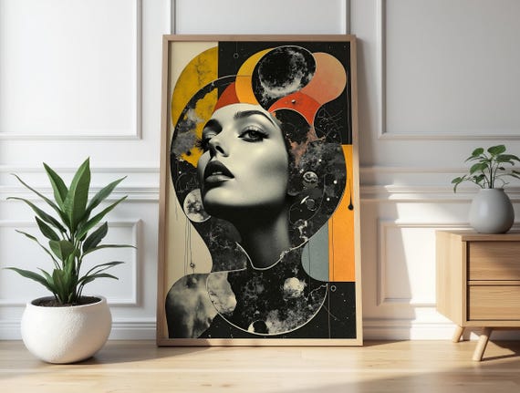 Abstract Vintage Woman Portrait Art Print Modern Geometric Illustration For Minimalist Wall Decor 5k 300 Dpi