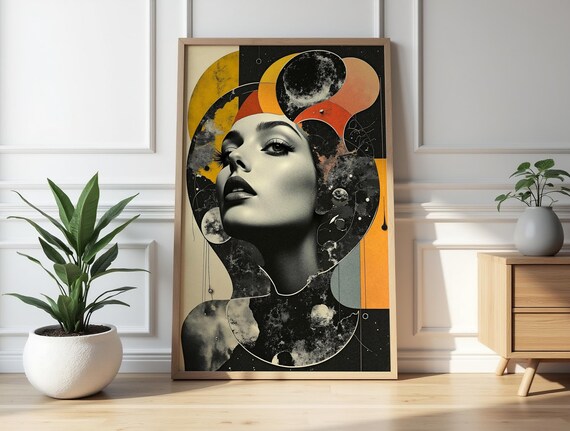 Vintage Woman Portrait With Cosmic Planets And Orange Sun Poster