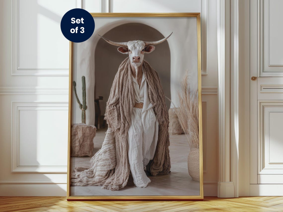 Longhorn Cow in Shawl Whimsical Boho Bovine Desert Portrait Poster
