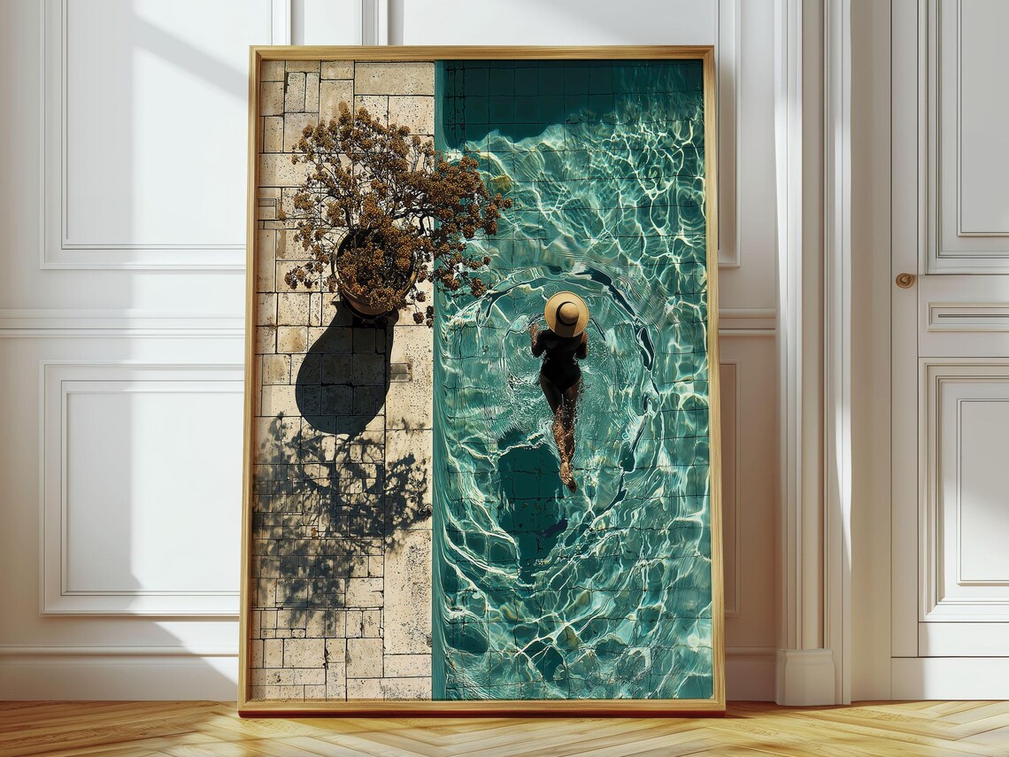 Elegant Woman in Sun Hat Floating in Turquoise Pool Summer Resort Poster
