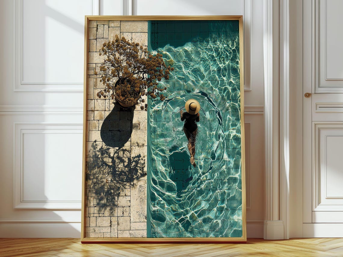 Elegant Woman Swimming Pool Art Print Summer Resort Style