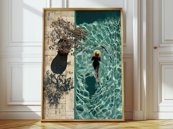Elegant Woman in Sun Hat Floating in Turquoise Pool Summer Resort Poster