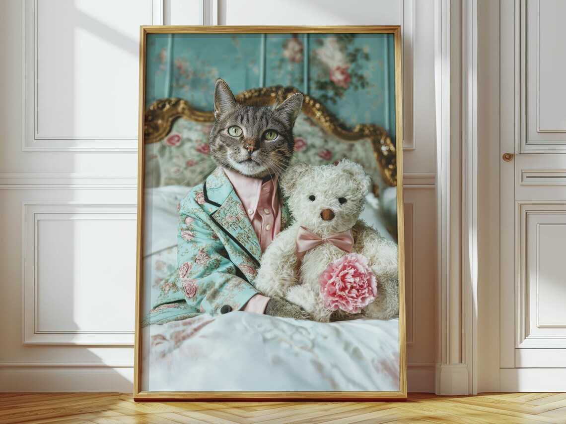 Tabby Cat in Pajamas with Teddy Bear Funny Preppy Bedroom Poster