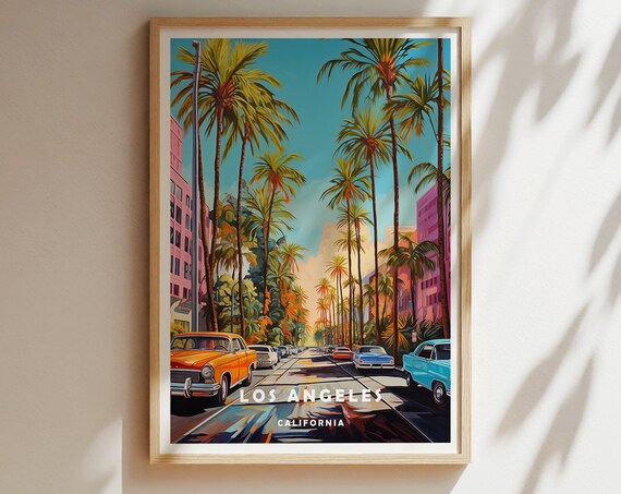Los Angeles California Palm Street Vintage Cars Travel Poster