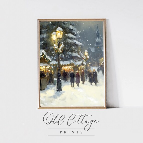 Snowy Christmas Market Night Lampposts Vintage Holiday Painting Poster