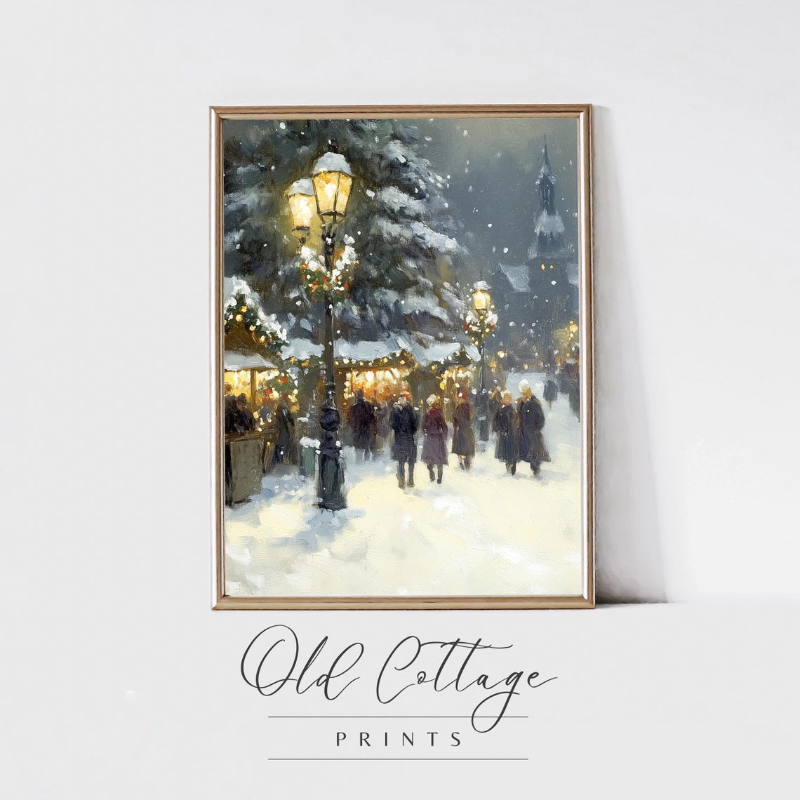 Snowy Christmas Market Night Lampposts Vintage Holiday Painting Poster