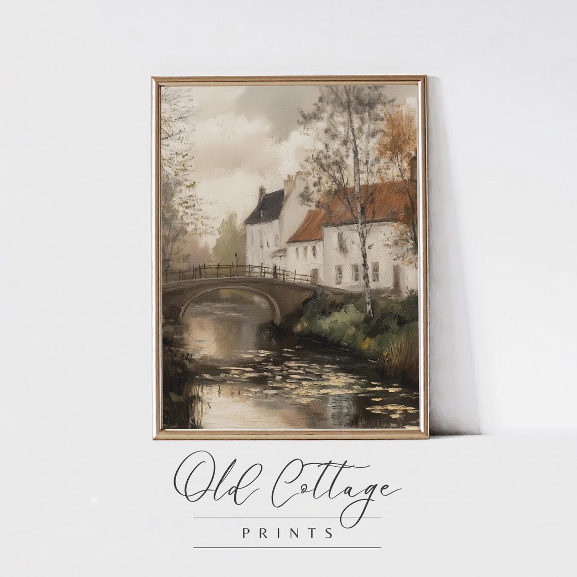 Stone Bridge Over River European Village Vintage Landscape Print