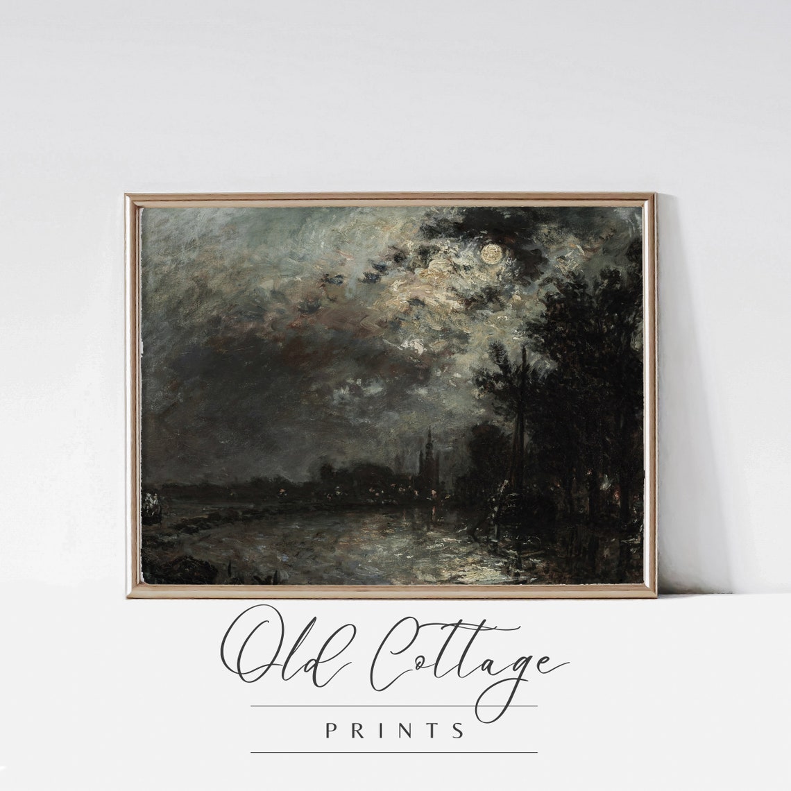 Moonlit Winter River Dark Moody Nocturne Painting Vintage Art Poster