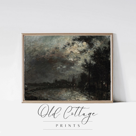 Moonlit Winter River Dark Moody Nocturne Painting Vintage Art Poster