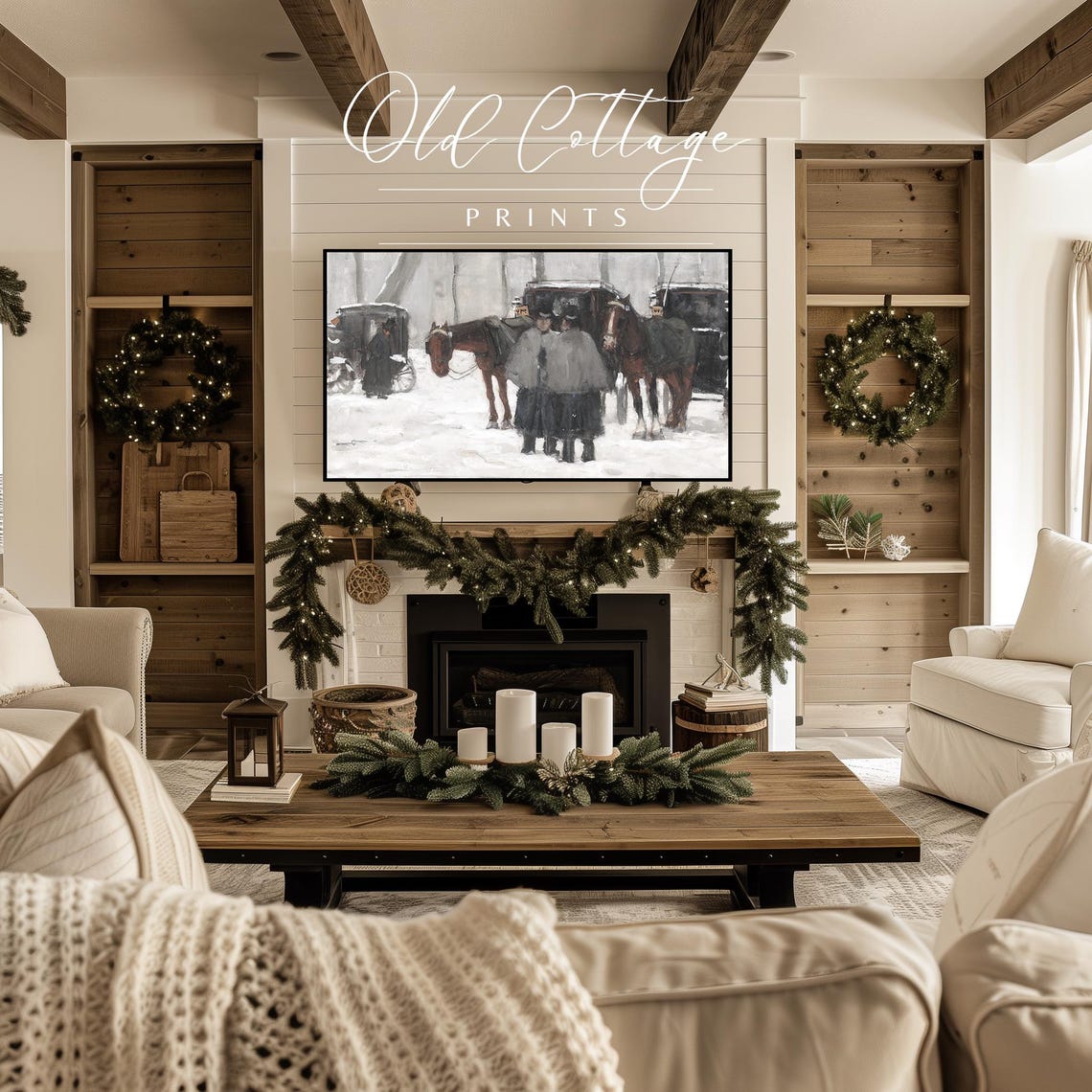 Horse Carriages in Falling Snow Moody Vintage Winter Art Poster - Image 3