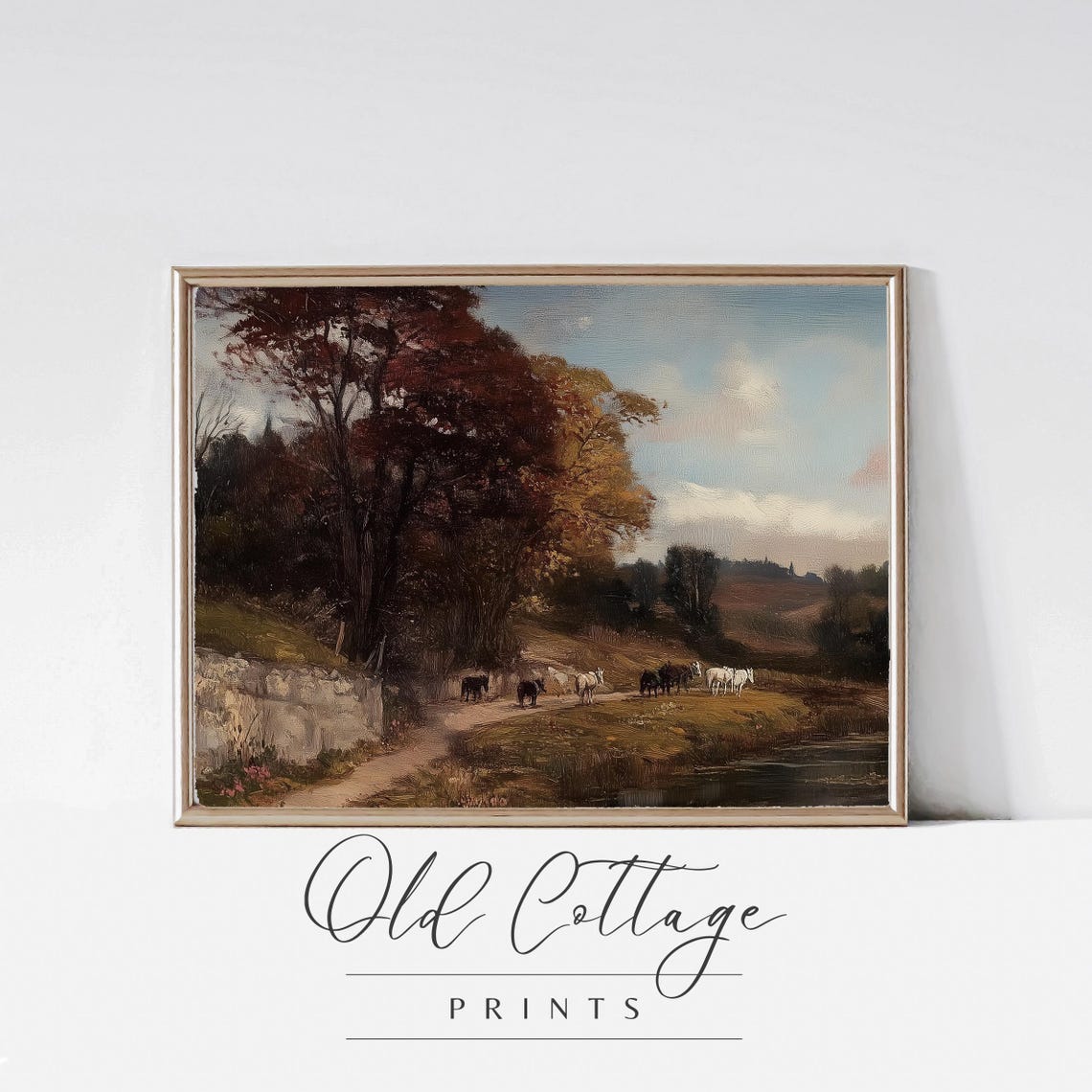 Cows on Country Lane by Stream Autumn Pastoral Vintage Art Poster