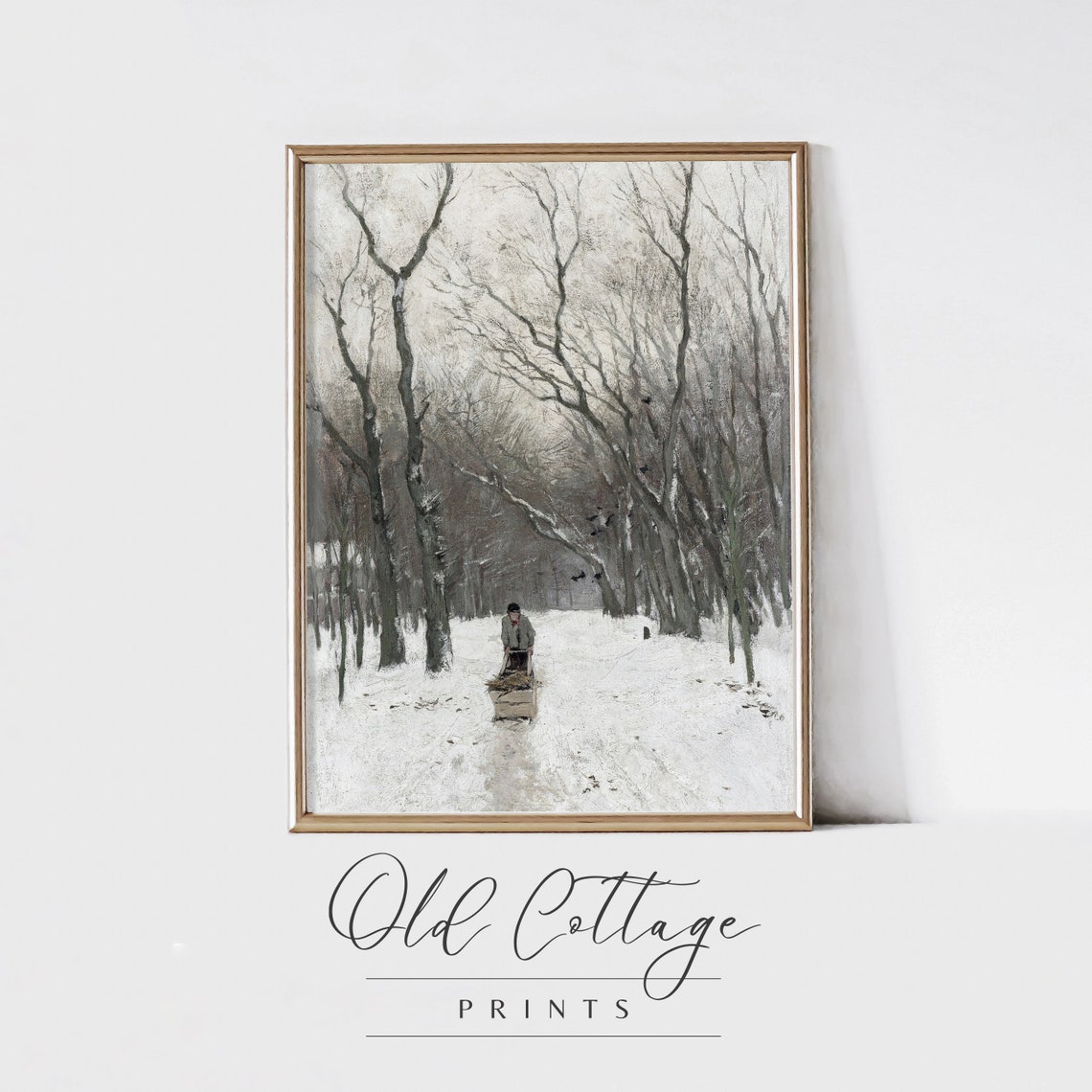 Snowy Winter Woods Figure with Sled Vintage Muted Art Poster