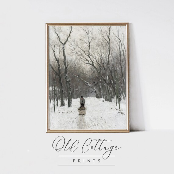 Snowy Winter Woods Figure with Sled Vintage Muted Art Poster