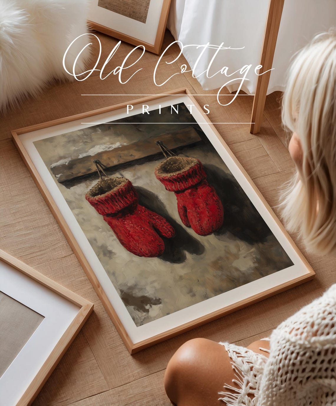 Red Knitted Mittens Hanging Peg Rack Vintage Winter Still Life Poster - Image 2