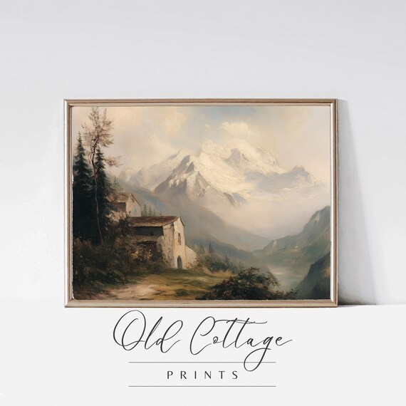 Mountain Landscape Art Print Snow Capped Peaks Rustic Stone Cottages Cottagecore Nature Decor Smoky Mountain Cabin Print