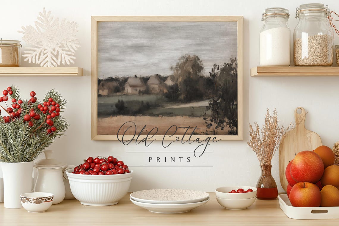 Moody Dark Rural Village Field Landscape In Vintage Style Poster - Image 2