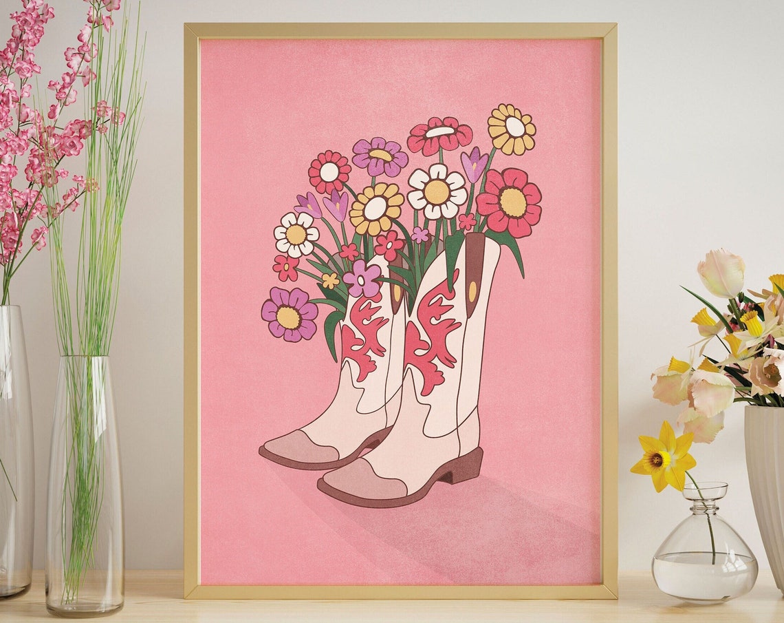 Pink Cowboy Boots Retro Floral Bouquet Western Illustration Poster - Image 3