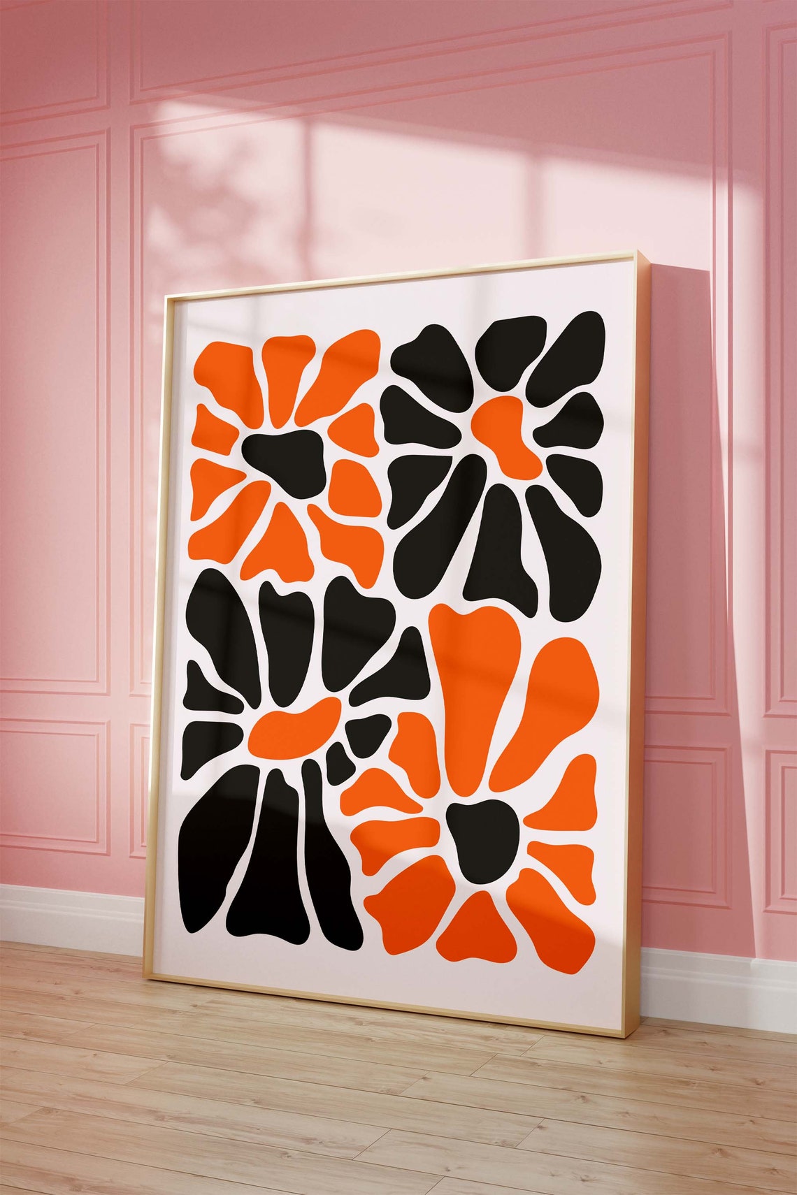 Orange Black Abstract Flowers Mid Century Modern Boho Art Poster