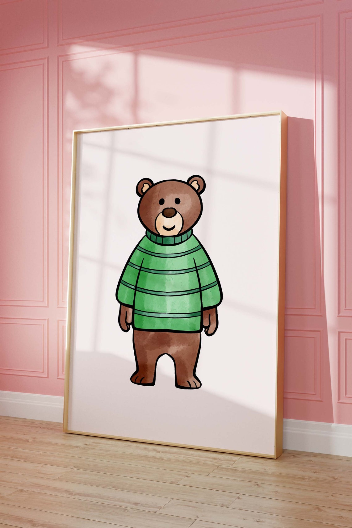 Cute Teddy Bear in Green Sweater Poster for Nursery and Kids Room