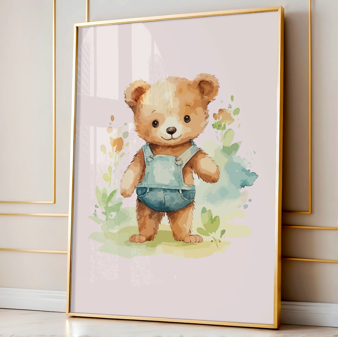 Baby Teddy Bear Overalls Watercolor Nursery Animal Wall Decor Poster