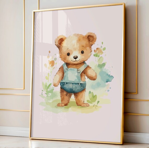 Baby Teddy Bear Overalls Watercolor Nursery Animal Wall Decor Poster