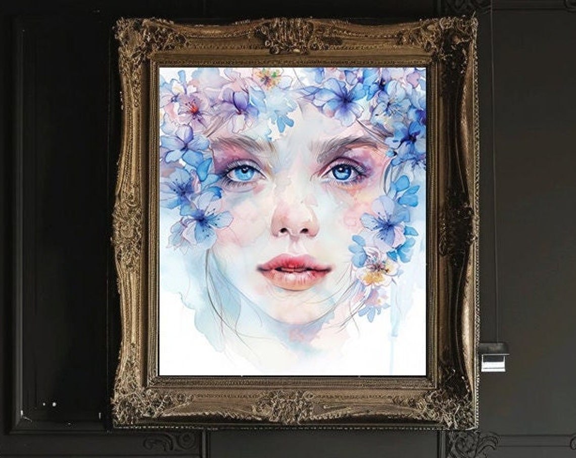 Beautiful Blue Floral Painting Watercolour Flower Art Female Portrait Print Drawing Abstract Wall Poster Flower Girl
