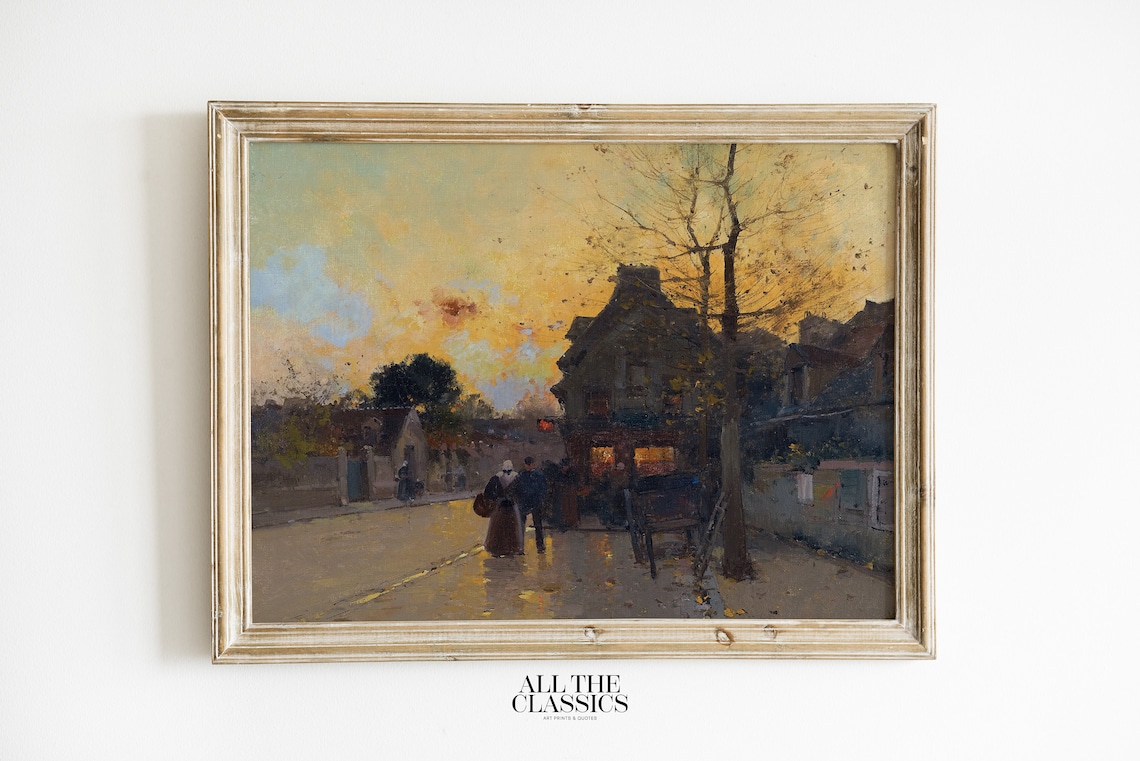 Autumn Village Street Dusk Golden Light Vintage Landscape Poster