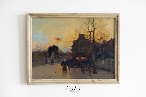 Vintage Art Print Wall Art Dramatic Autumn Fall Village Moody Dark Colors Village Un Soir Dautomne Eugne Galien Laloue