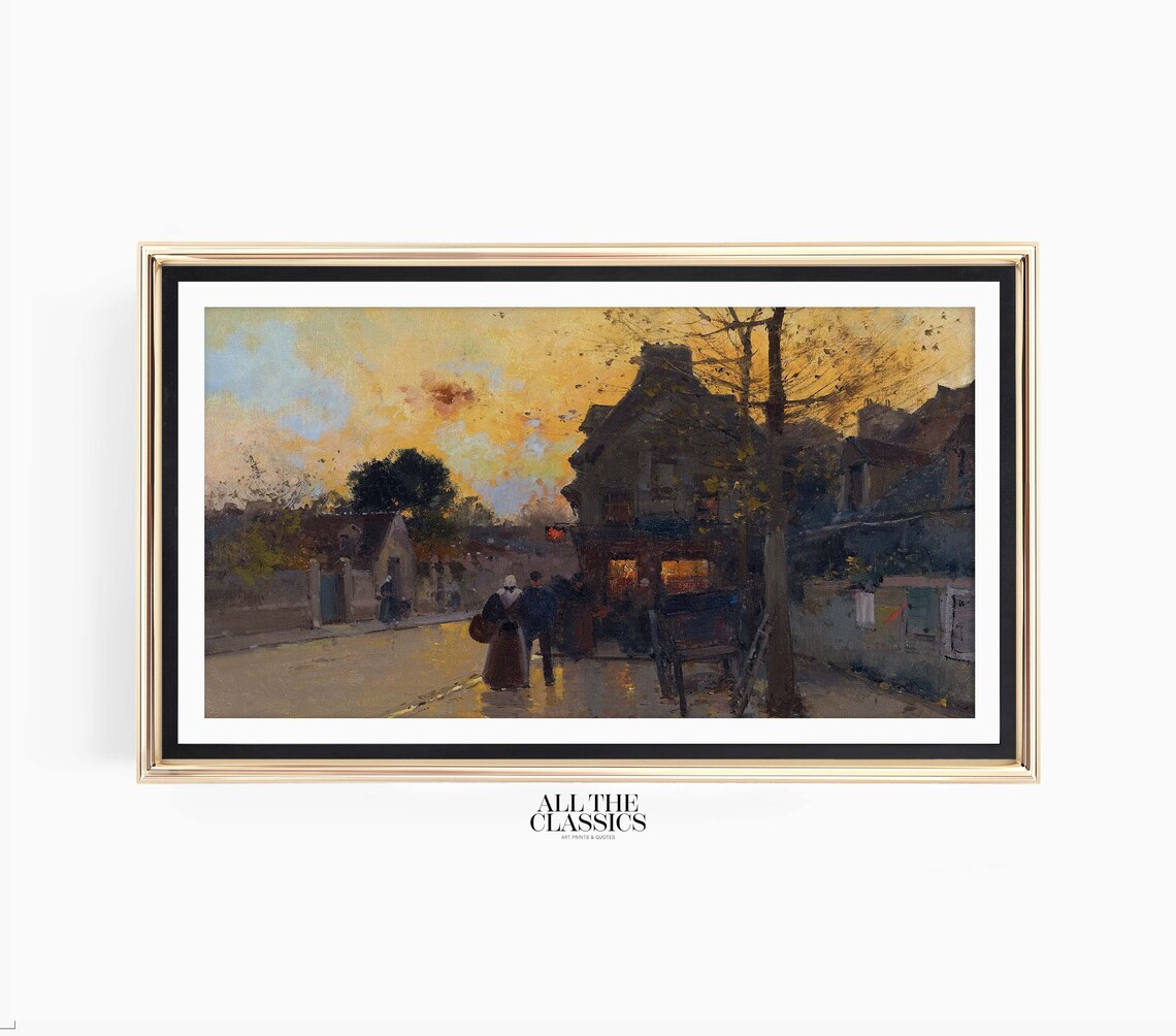 Golden Hour Autumn Village Street Evening Stroll Vintage Wall Art - Image 3