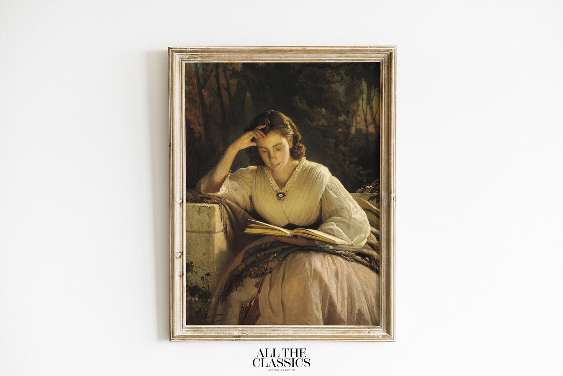 Woman Reading Book Outdoors Dark Woods Vintage Oil Painting Poster