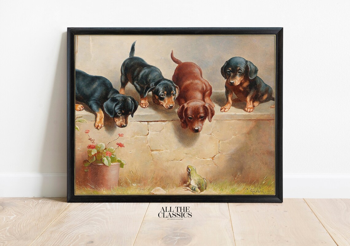 Four Dachshund Puppies Watching Frog Cute Vintage Dog Painting Poster - Image 3