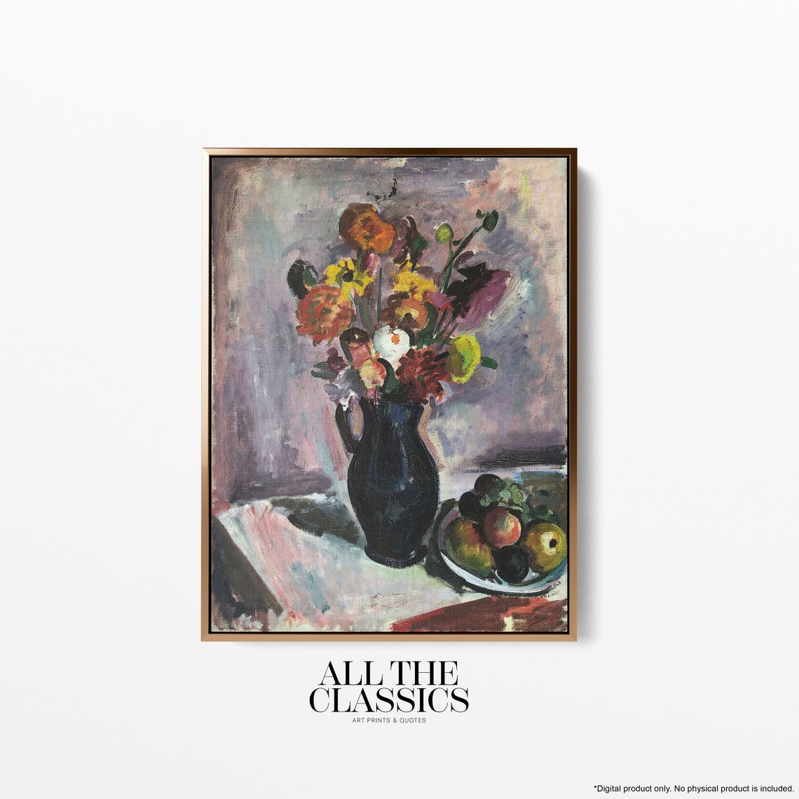 Mixed Flowers Black Pitcher Fruit Vintage Still Life Painting Wall Art
