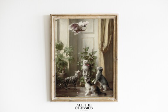 Four Kittens Watching a White Cockatoo Playful Vintage Poster