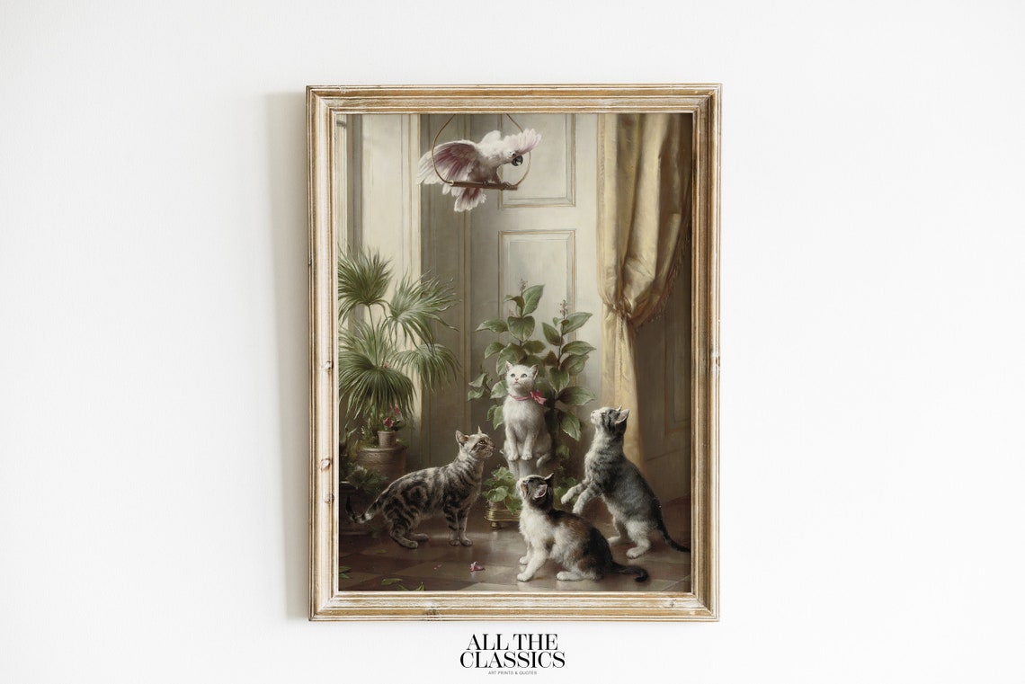 Four Kittens Watching a White Cockatoo Playful Vintage Poster