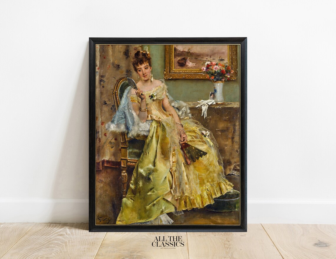 Victorian Lady In Yellow Satin Gown Holding Fan Elegant Portrait Poster - Image 3