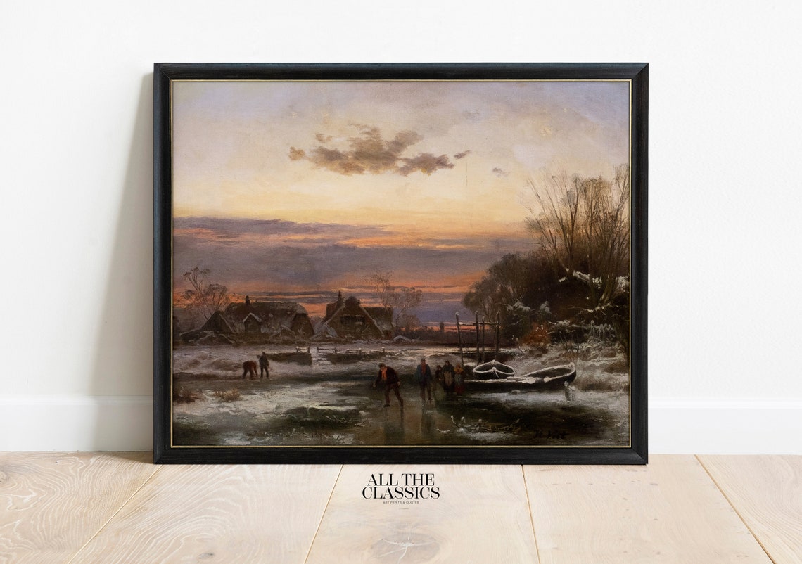Winter Village Sunset Frozen Canal Dramatic Vintage Landscape Poster - Image 3