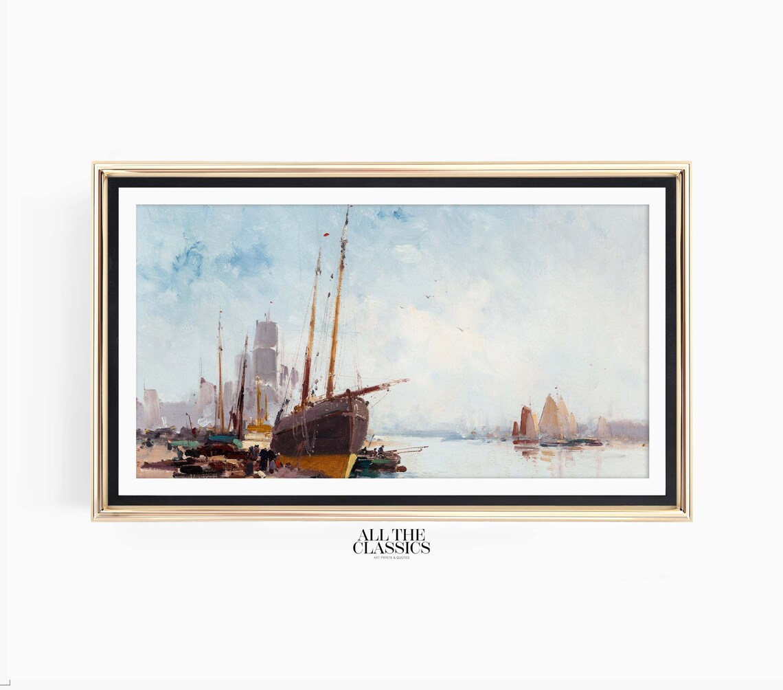 Tall Sailing Ships in a Misty Harbor Soft Blue Pastel Vintage Poster - Image 3