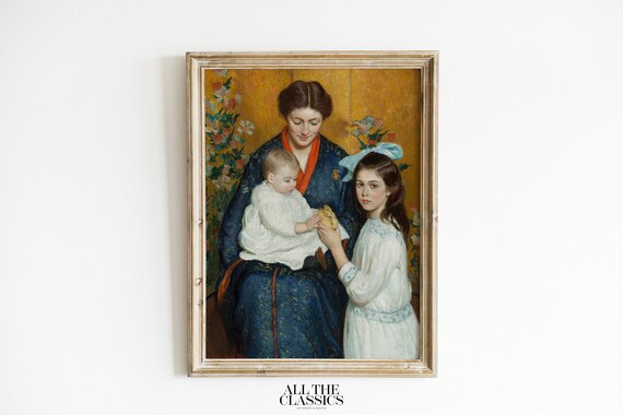 Mother Holding Baby Sister Offering Vintage Family Portrait Poster
