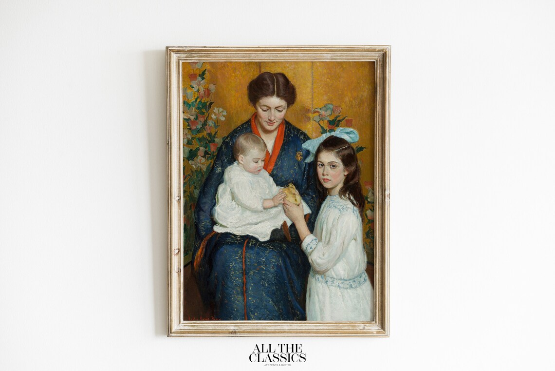 Mother Holding Baby Sister Offering Vintage Family Portrait Poster