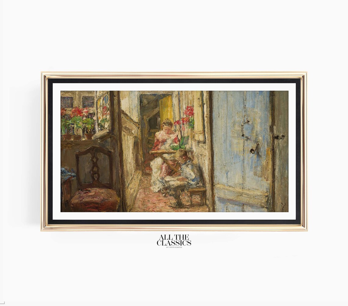 Cottage Porch Woman and Child with Red Flowers Rustic Poster - Image 3