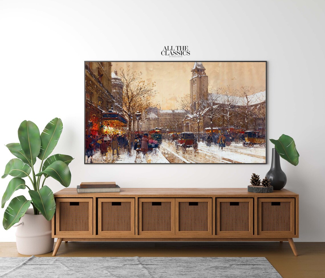 Snowy City Street With Early Cars and Church Tower Winter Poster - Image 2