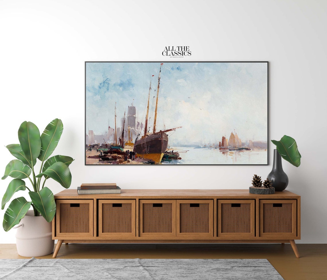 Tall Sailing Ships in a Misty Harbor Soft Blue Pastel Vintage Poster - Image 2