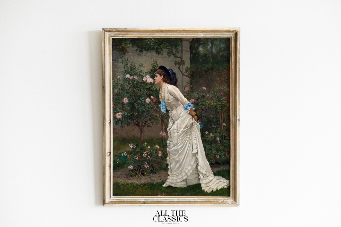 Victorian Lady Smelling Roses Elegant Garden Portrait Wall Art