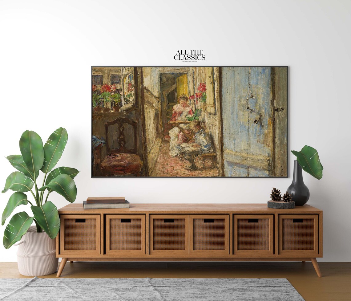 Cottage Porch Woman and Child with Red Flowers Rustic Poster - Image 2