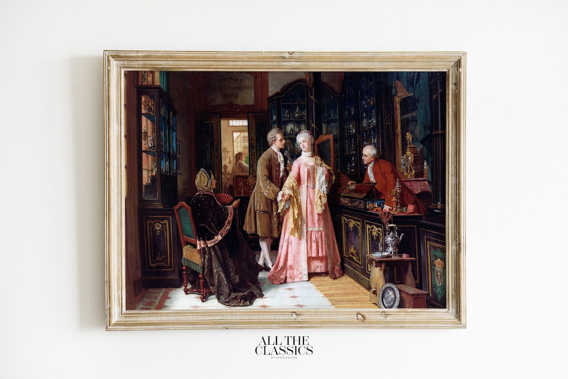 Victorian Couple In Antique Shop With Curiosity Dealer Painting Poster