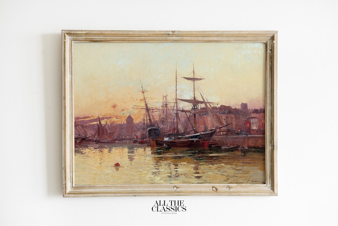 French Harbor Sunset Tall Ships Vintage Nautical Seascape Poster