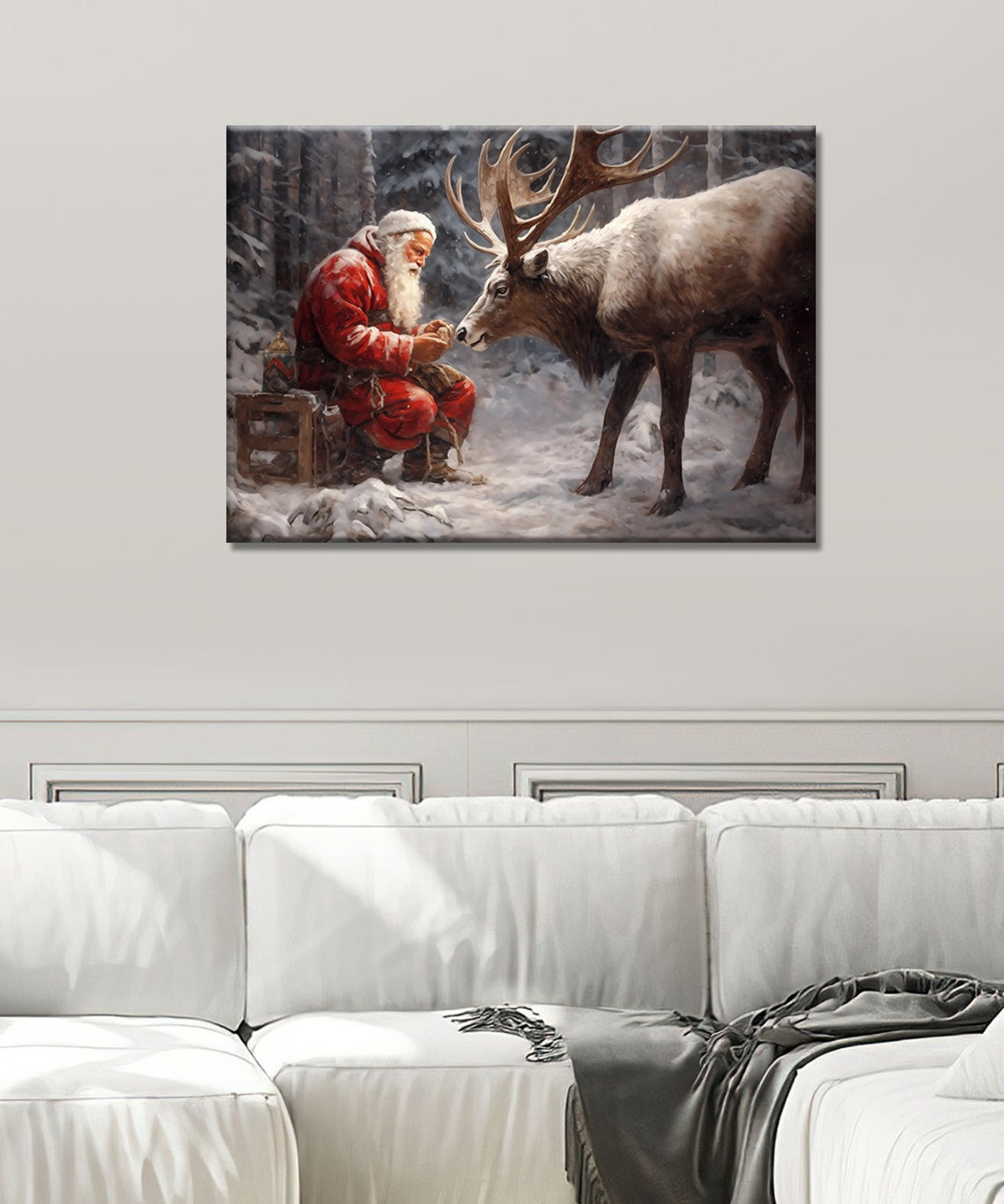 Santa Claus Feeding Reindeer Snowy Woods Vintage Christmas Poster - Image 3