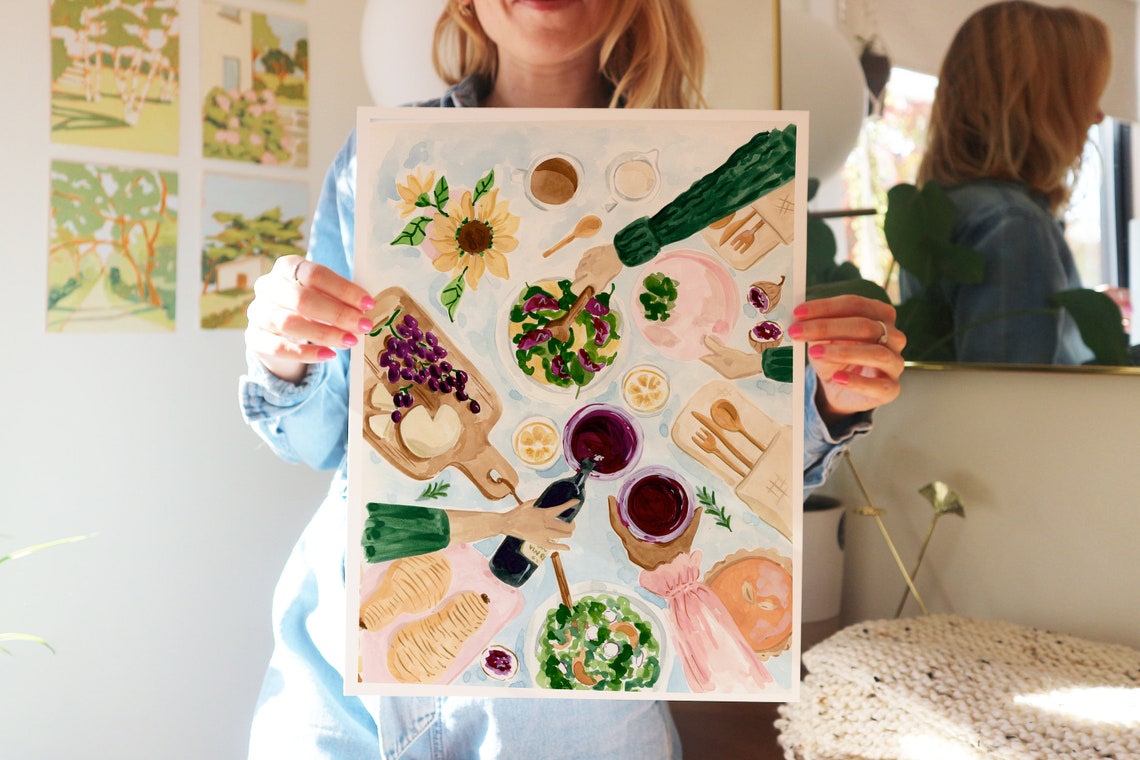 Dinner With Friends Overhead Wine Salad Table Watercolor Art Print - Image 2